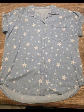Cato Light Blue Star Print Short Sleeve Button Down Shirt